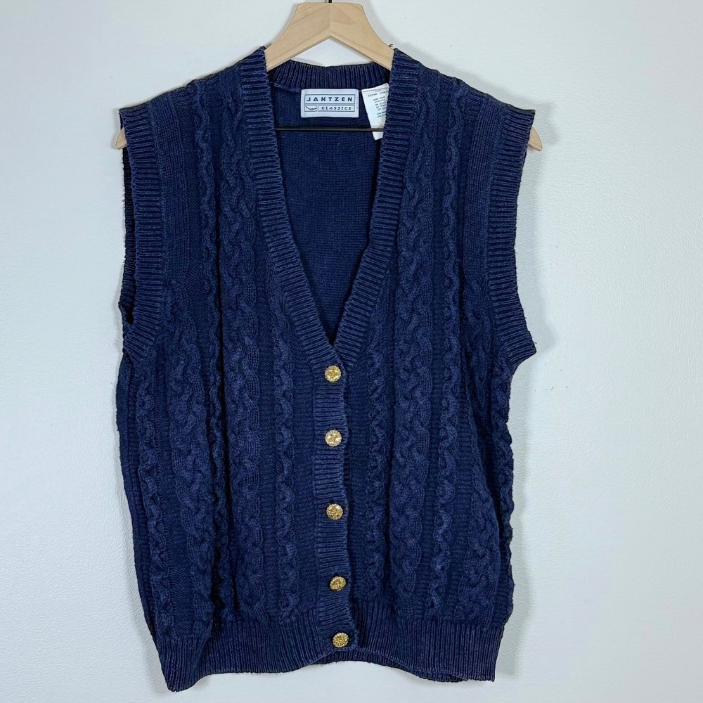 Vintage Jantzen Womens Cable Knit Sweater Vest Size L Blue Relaxed Fishermancore